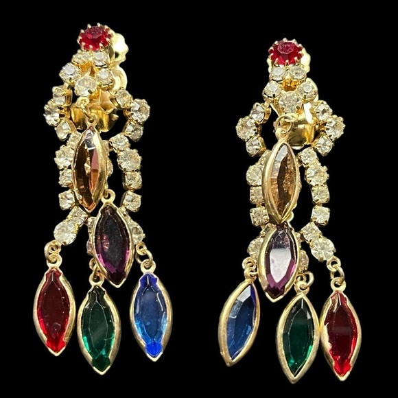 Multi Color Jewel-tone Chandelier Clip Earings - Picture 2 of 6
